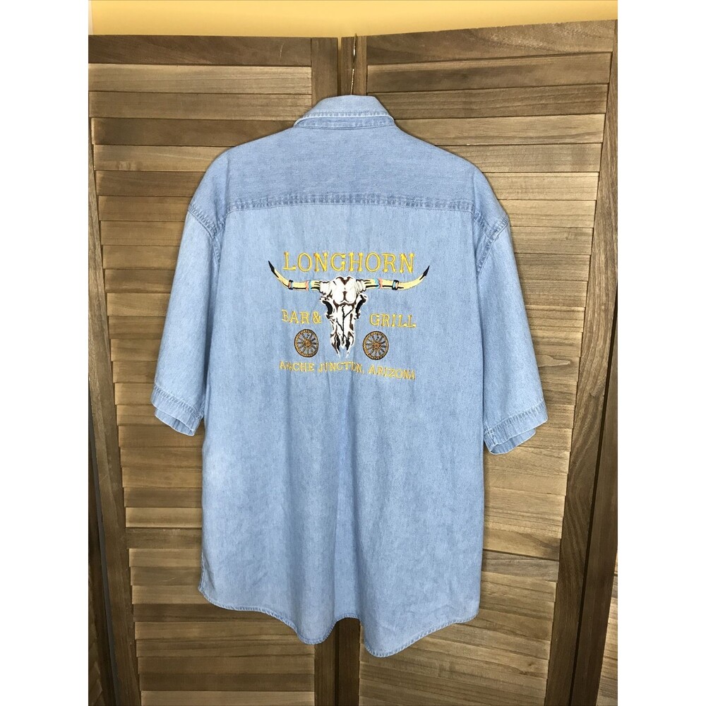 Mens Embroidered Denim LARGE Longhorn Bar Shirt Apache Junction AZ SS Cotton